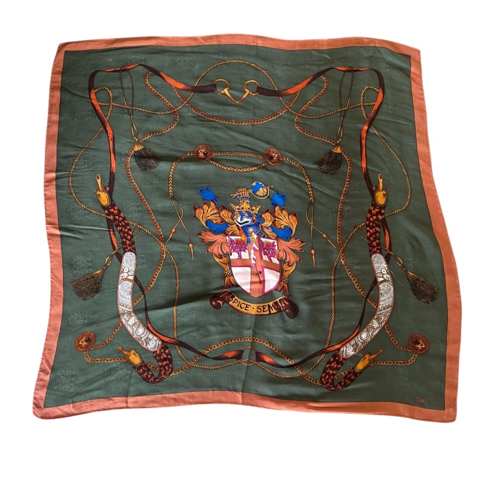 Daks silk scarf heraldic crest and equestrian chains and tassels designed 32x32